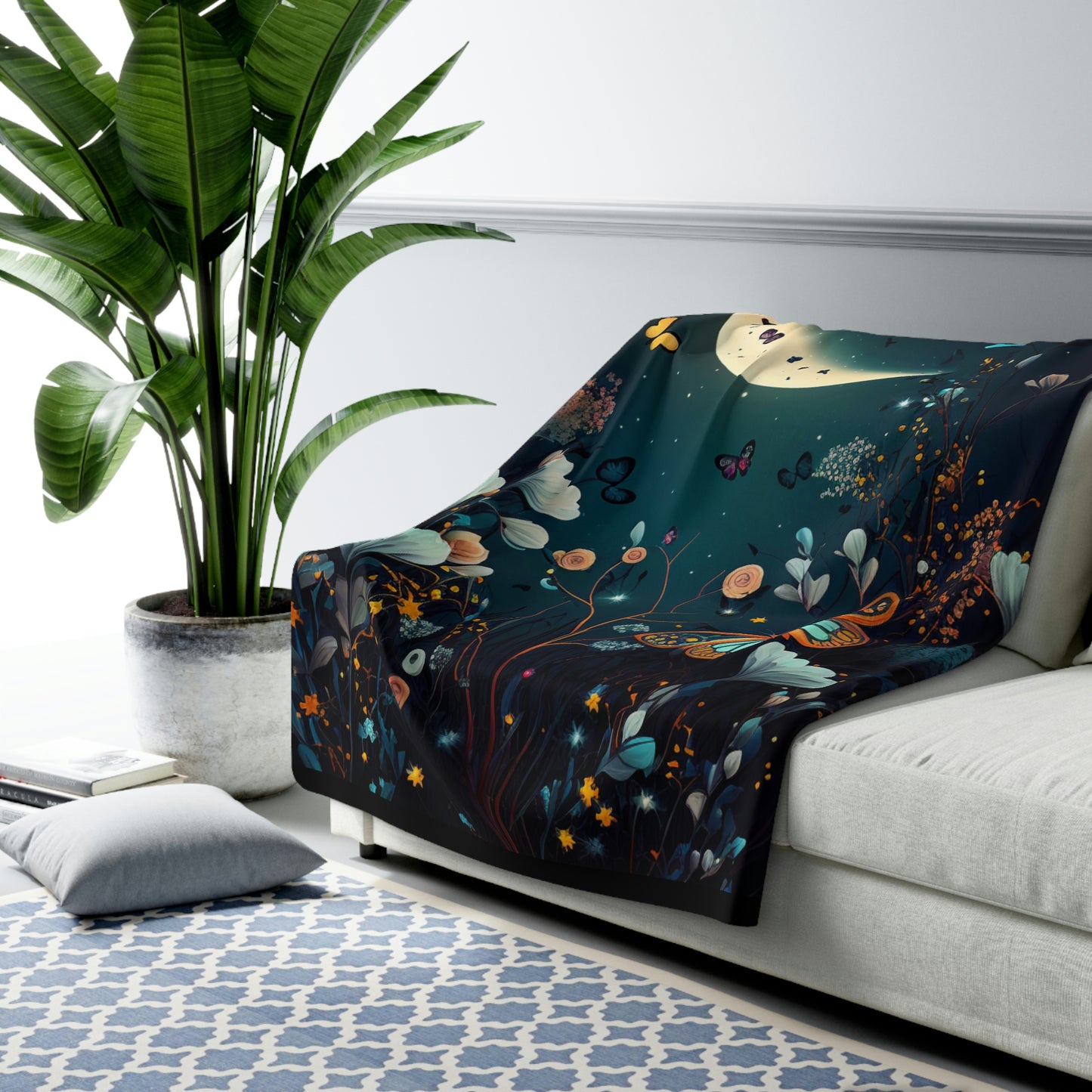 Crescent moon butterflies and wilds flowers Sherpa Fleece Blanket