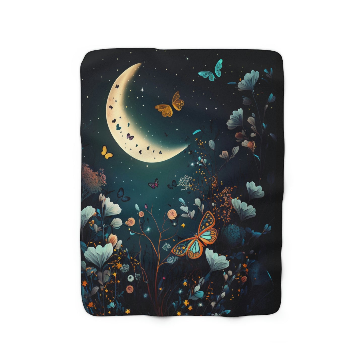 Crescent moon butterflies and wilds flowers Sherpa Fleece Blanket